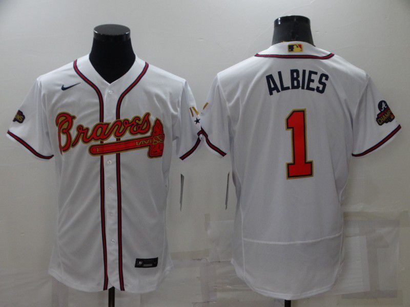 Men Atlanta Braves 1 Albies White Gold Elite Nike 2022 MLB Jersey